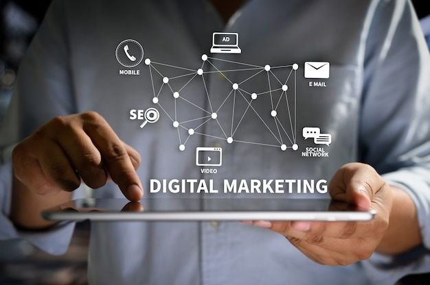 Modern digital marketing wallpaper featuring SEO charts, AI technology, and online advertising elements